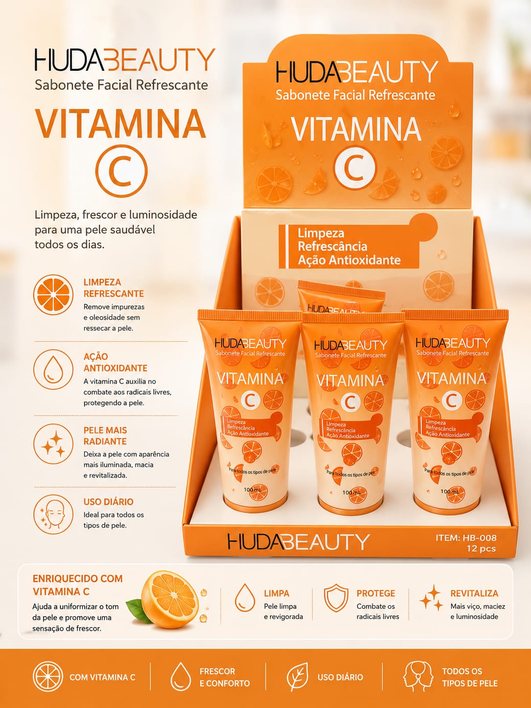 Sabonete Facial Vitamina C Huda Beauty 100ml | Limpeza Profunda, Ação Antioxidante e Pele Radiante | Uso Diário para Todos os Tipos de Pele | Alta Procura