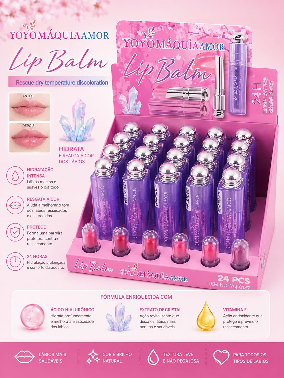 Lip Balm Hidratante 24H Yoyo Maquia Amor | Ácido Hialurônico, Vitamina E e Extrato de Cristal | Cor Natural, Hidratação Intensa e Brilho Labial | Sucesso de Vendas