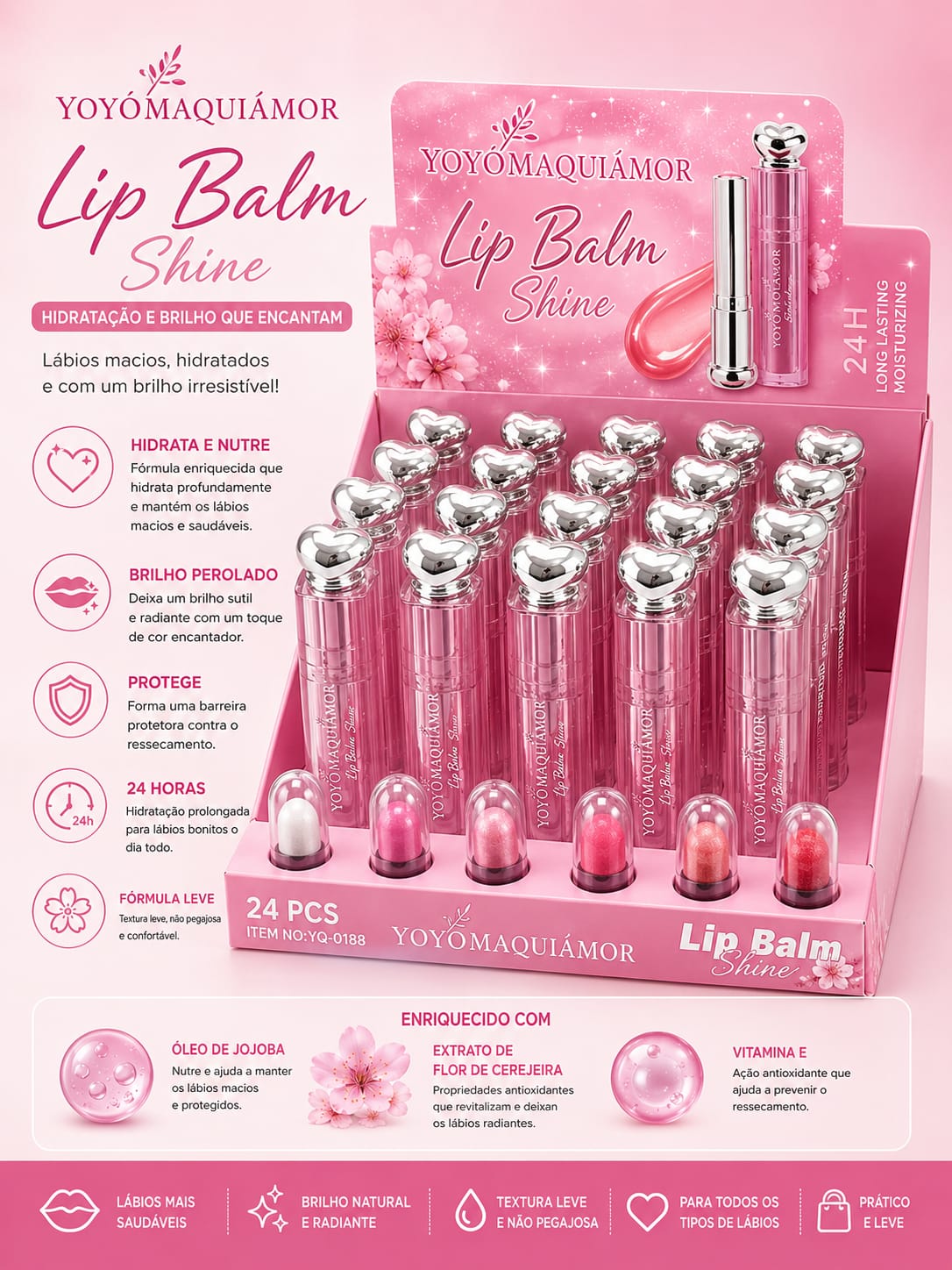Lip Balm Shine Yoyo Maquia Amor 24H | Hidratante Labial com Óleo de Jojoba, Vitamina E e Flor de Cerejeira | Brilho Perolado, Nutrição e Proteção | Queridinho do Momento