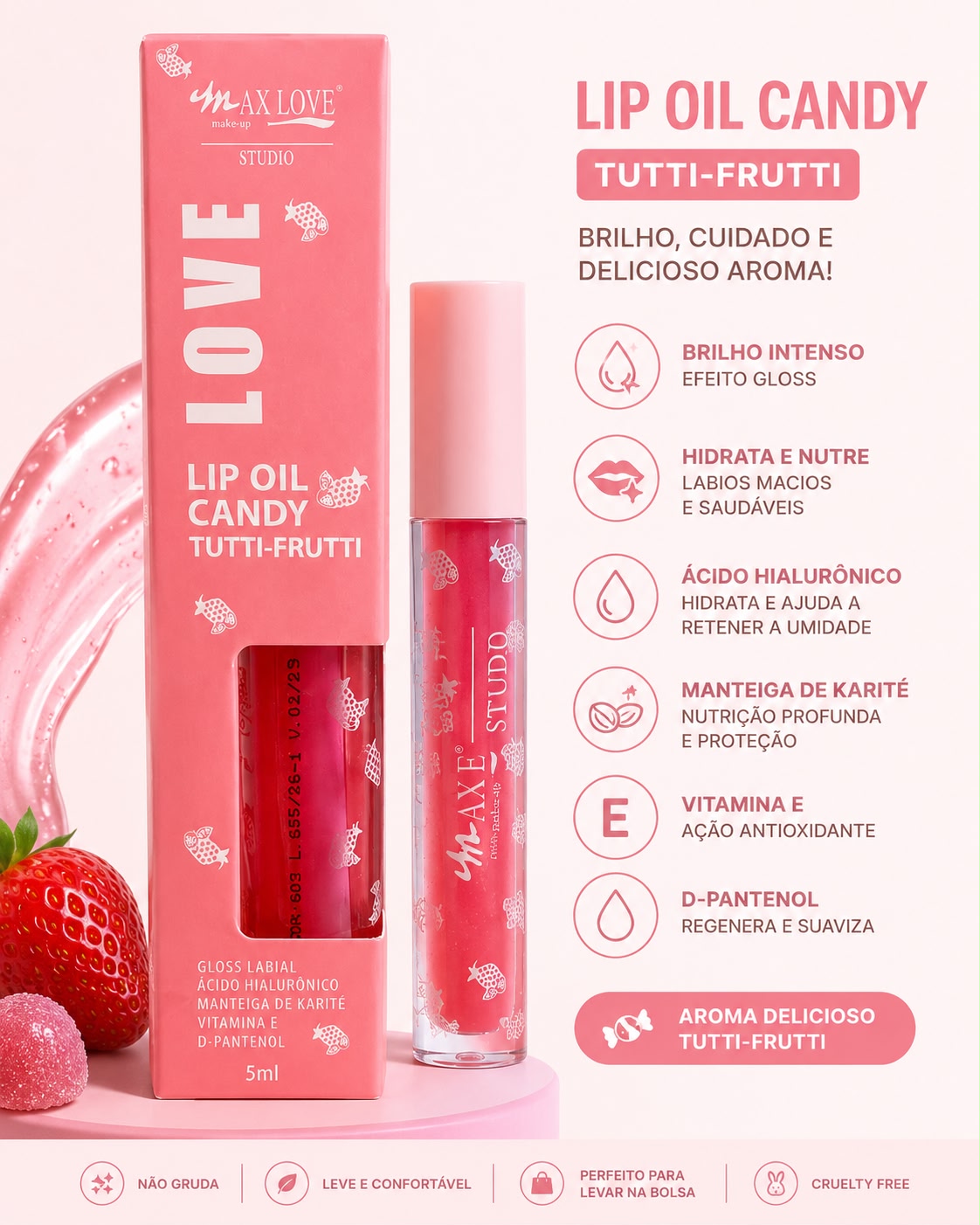 Lip Oil Candy Tutti-Frutti Max Love Studio | Gloss Hidratante com Ácido Hialurônico, Karité e Vitamina E | Brilho Espelhado e Aroma Irresistível | Sucesso de Vendas