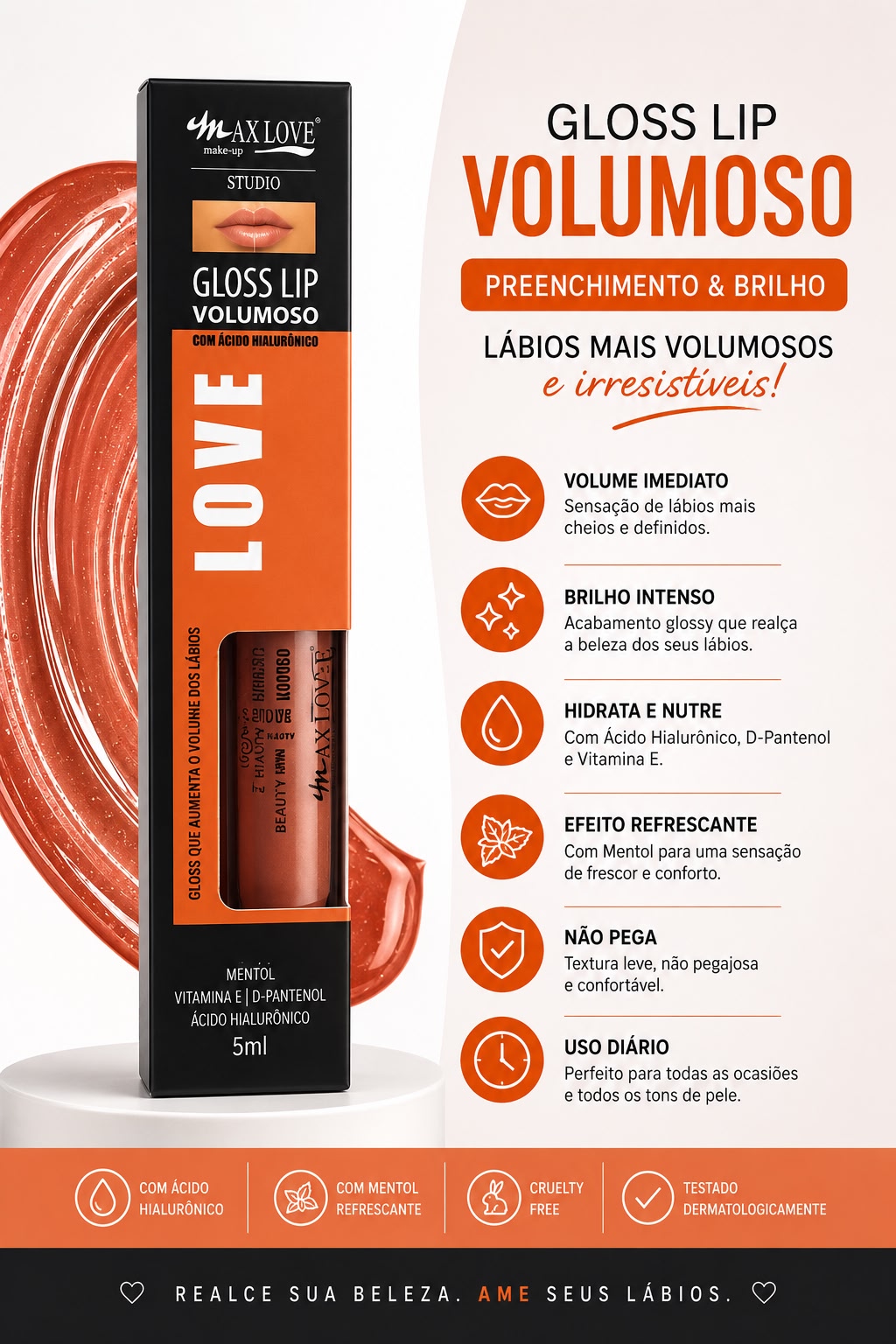 Gloss Lip Volumoso Max Love Studio | Preenchimento Labial com Ácido Hialurônico | Efeito Plump, Brilho Intenso e Hidratação Profunda | Best Seller em Maquiagem