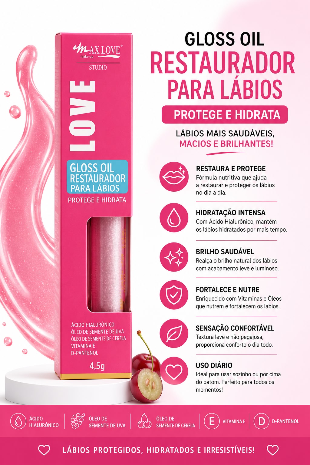 Gloss Oil Restaurador para Lábios Max Love Studio | Hidratante com Ácido Hialurônico, Vitamina E e D-Pantenol | Reparação Profunda, Brilho Natural e Proteção Diária | Alta Procura
