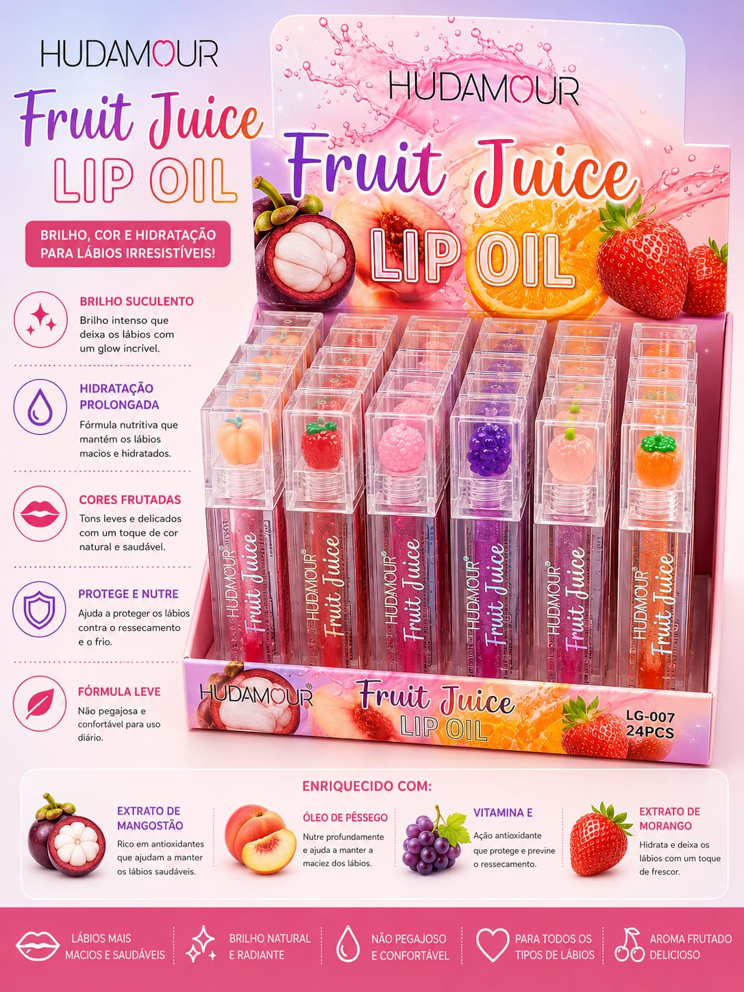 Lip Oil Fruit Juice Hudamour | Gloss Labial Hidratante com Extratos de Frutas e Vitamina E | Brilho Natural, Aroma Frutado e Nutrição Intensa | Tendência do Momento