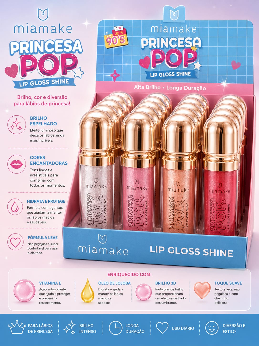 Lip Gloss Shine Princesa Pop Mia Make | Gloss Labial com Brilho 3D e Óleo de Jojoba | Alta Fixação, Hidratação e Efeito Espelhado | Queridinho das Clientes