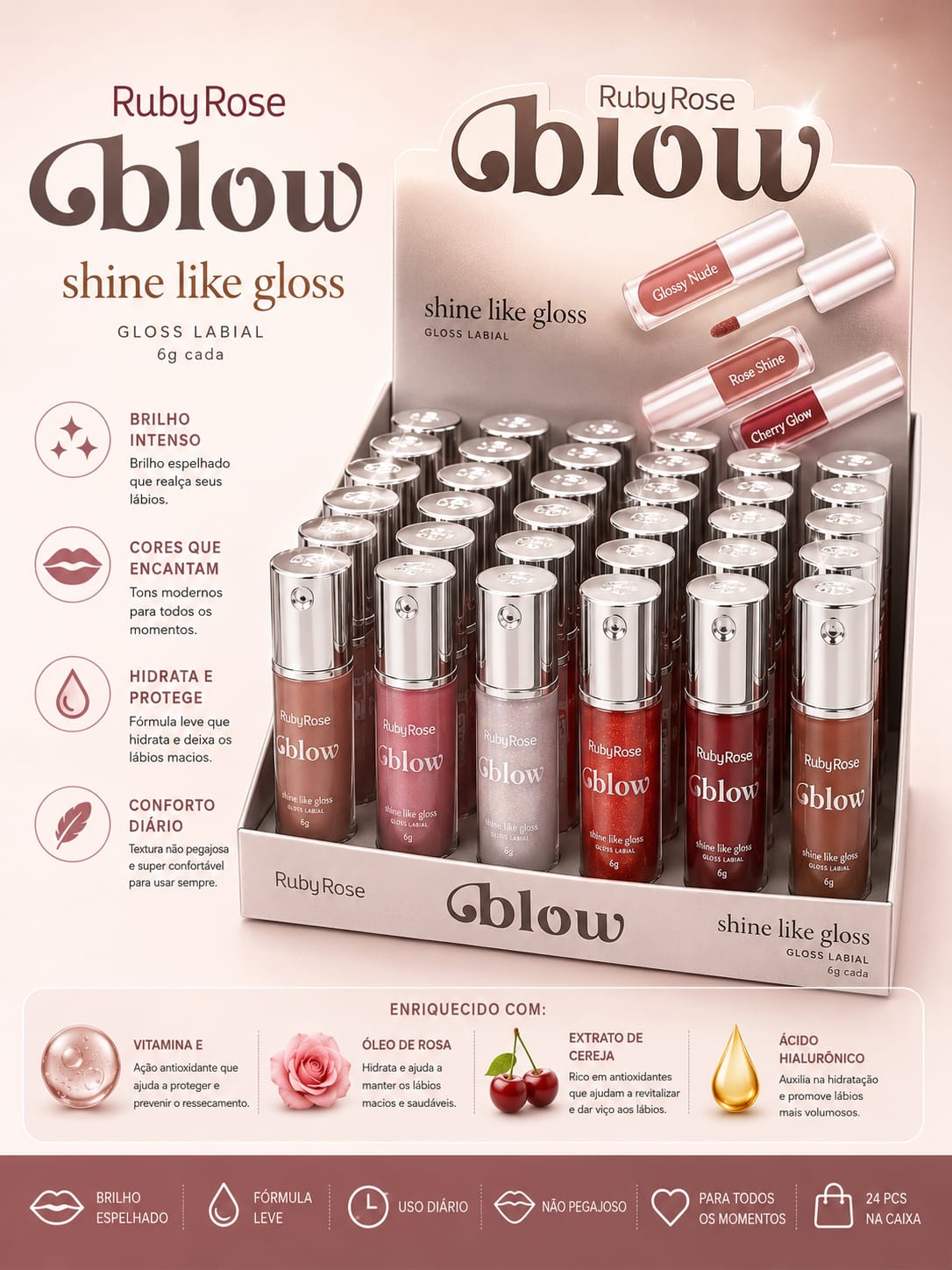Gloss Labial Ruby Rose Glow Shine Like Gloss 6g | Efeito Espelhado com Ácido Hialurônico | Hidratação Intensa e Brilho Duradouro | Sucesso de Vendas