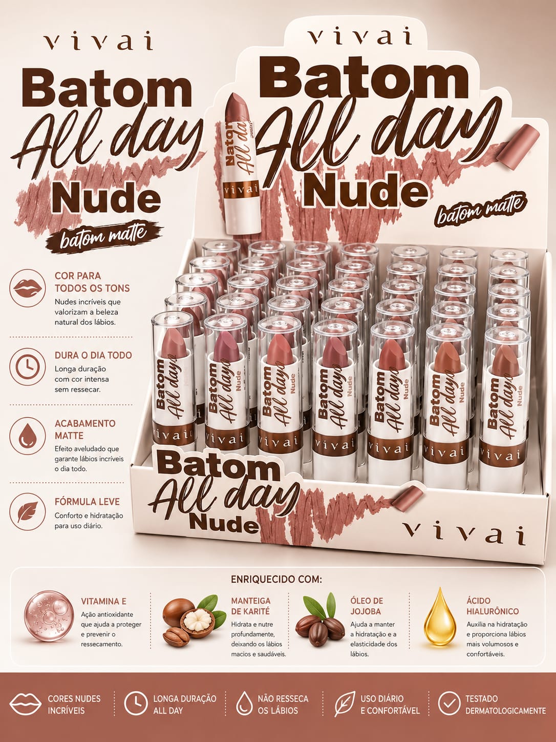 Batom Matte Vivai All Day Nude | Alta Fixação e Longa Duração | Efeito Aveludado com Ácido Hialurônico | Tons Nudes Mais Vendidos