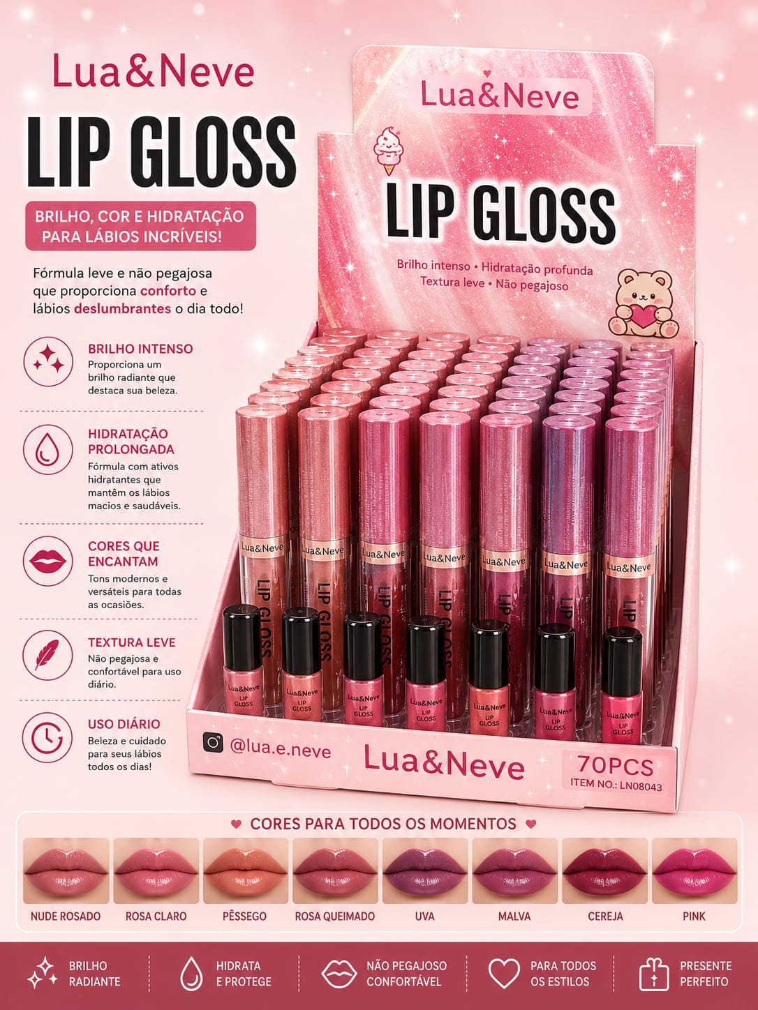 Lip Gloss Lua & Neve Hidratante | Brilho Espelhado e Cores Encantadoras | Não Pegajoso | Sucesso de Vendas com 70 Unidades