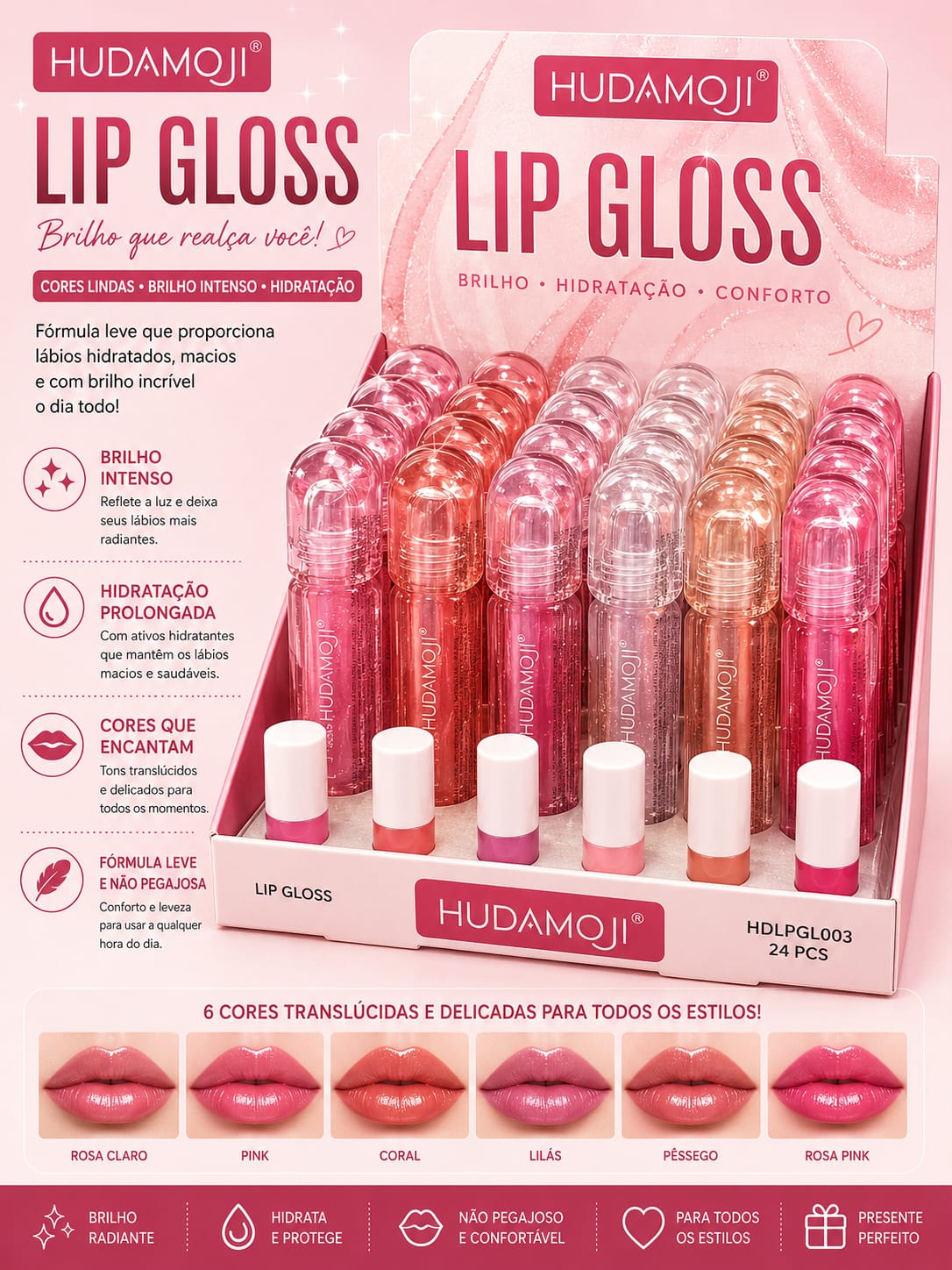 Lip Gloss Hudamoji Hidratante com Brilho Espelhado | Cores Translúcidas e Não Pegajoso | Hidratação Prolongada | Tendência de Vendas