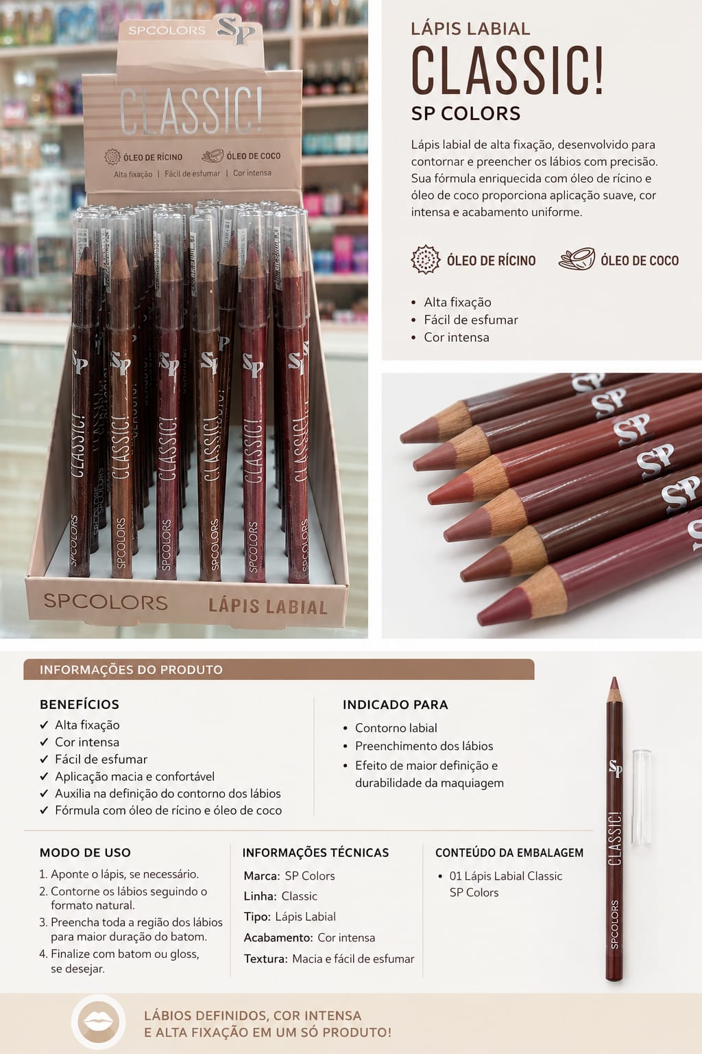 Lápis Labial SP Colors Classic | Alta Fixação e Cor Intensa | Fácil de Esfumar | Contorno Perfeito e Longa Duração | Queridinho das Maquiadoras