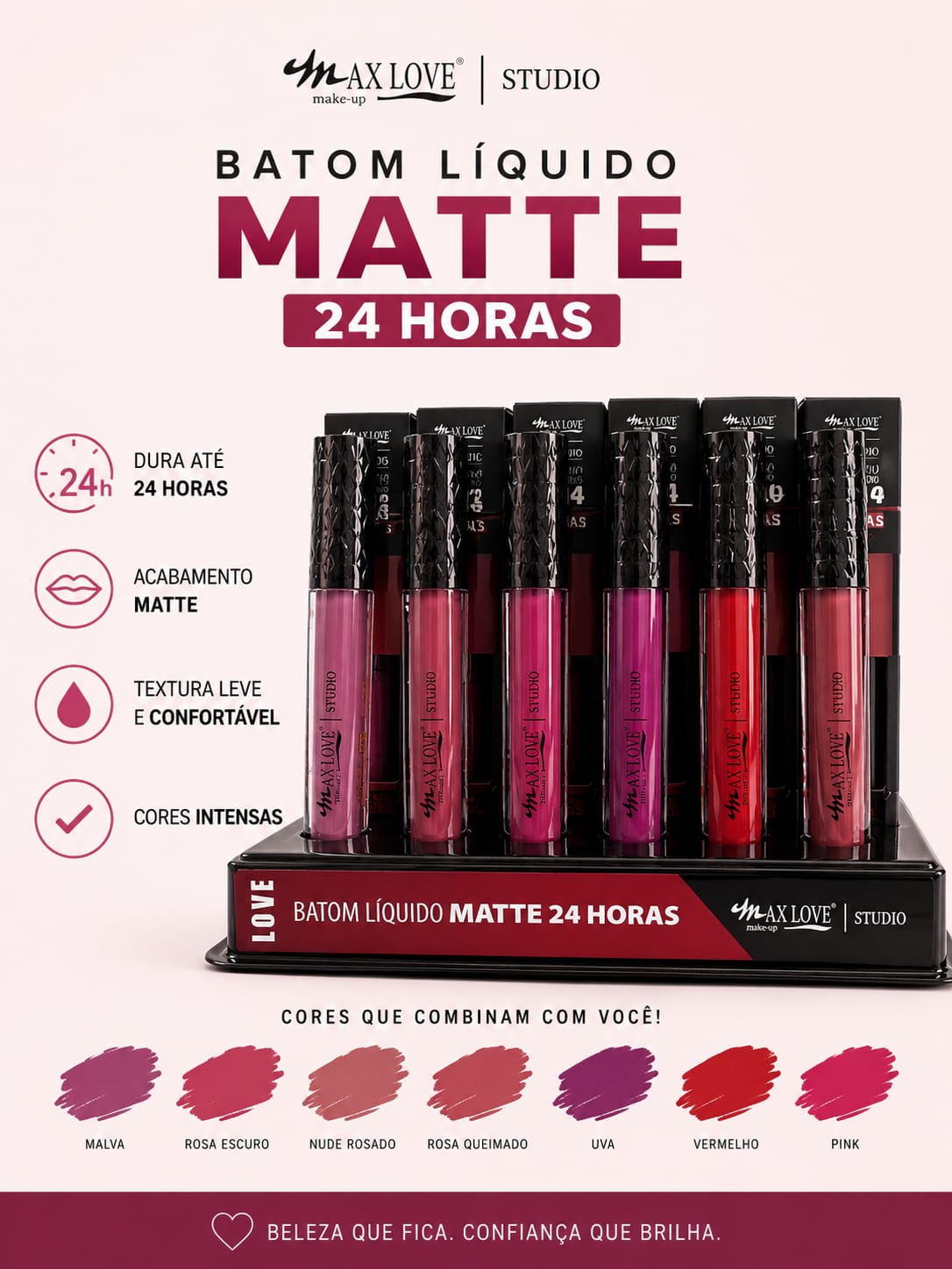 Batom Líquido Matte 24 Horas Max Love Studio | Alta Pigmentação, Longa Duração, Não Transfere e Acabamento Aveludado