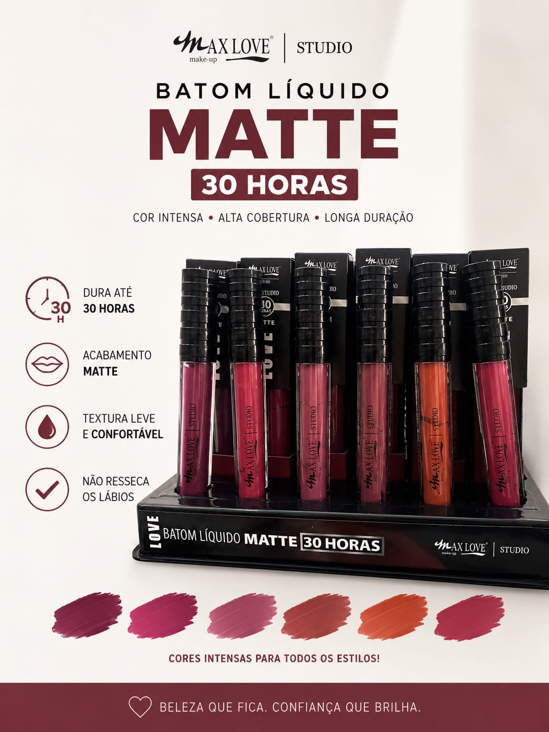 Batom Líquido Matte 30 Horas Max Love Studio | Longa Duração, Alta Cobertura, Não Resseca e Cores Intensas