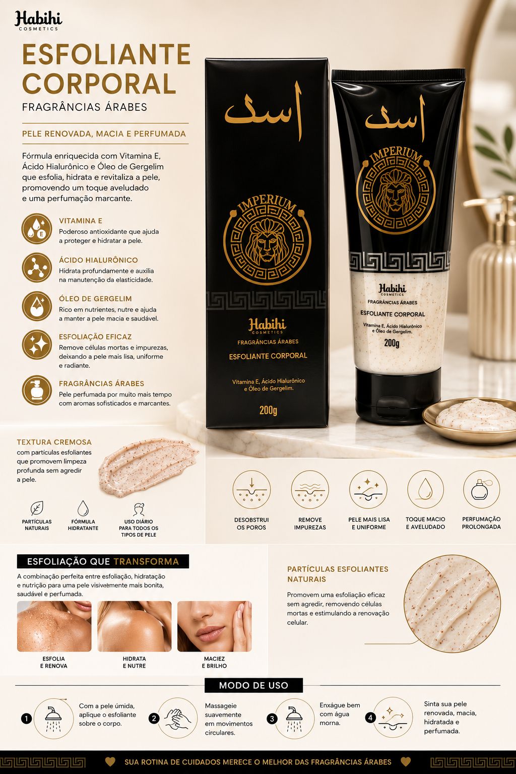 Esfoliante Corporal Asad Habibi Cosmetics 200g | Fragrância Árabe, Vitamina E, Ácido Hialurônico e Pele Macia e Perfumada