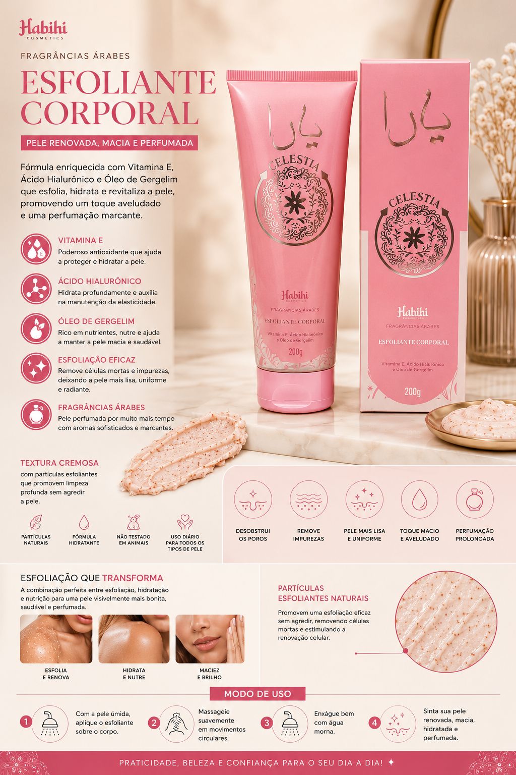 Esfoliante Corporal Celestia Habibi Cosmetics 200g | Fragrância Árabe, Ácido Hialurônico, Vitamina E e Pele Renovada