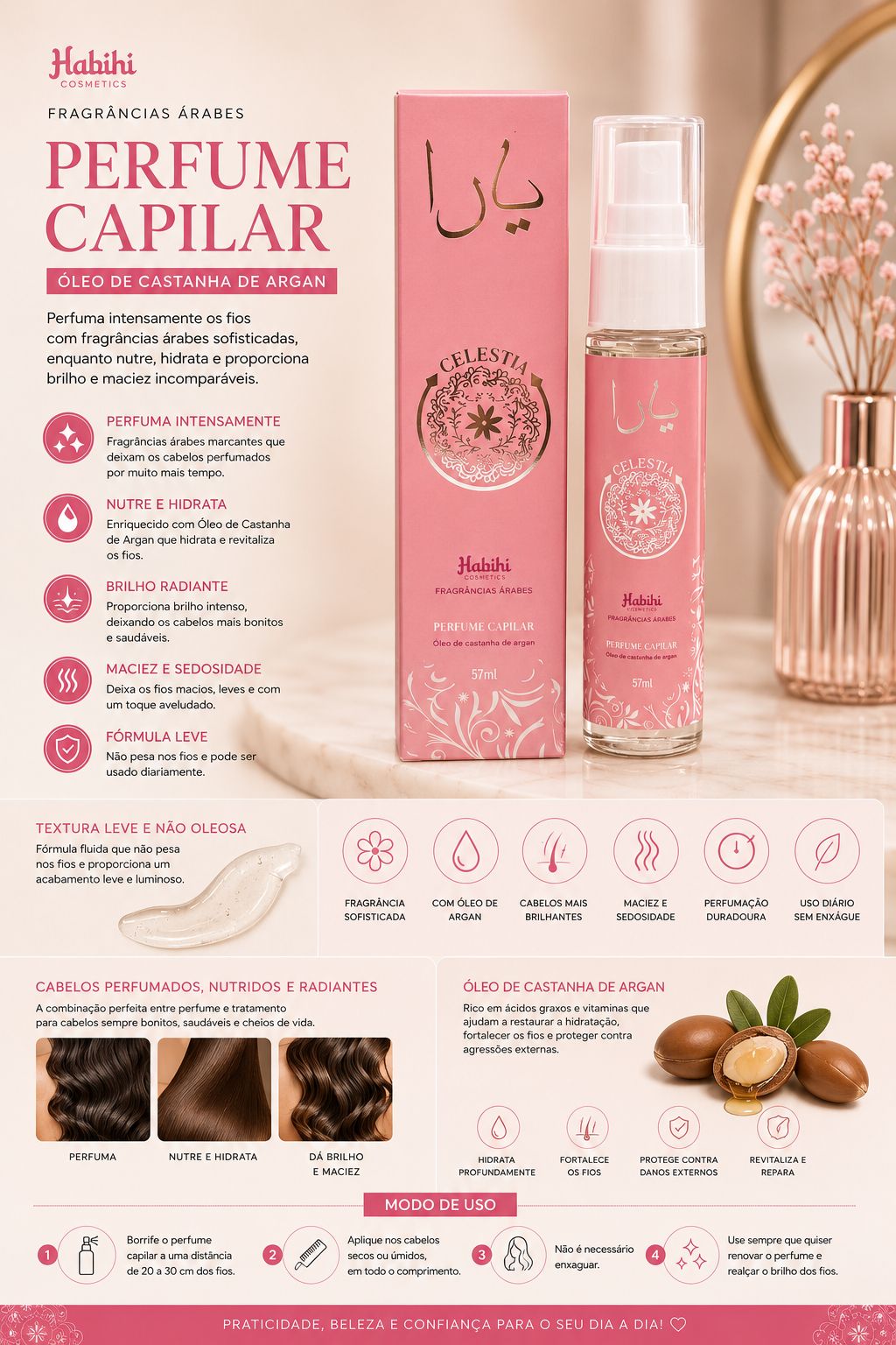 Perfume Capilar Celestia Habibi Cosmetics 57ml | Óleo de Argan, Fragrância Árabe, Brilho Intenso e Nutrição Capilar