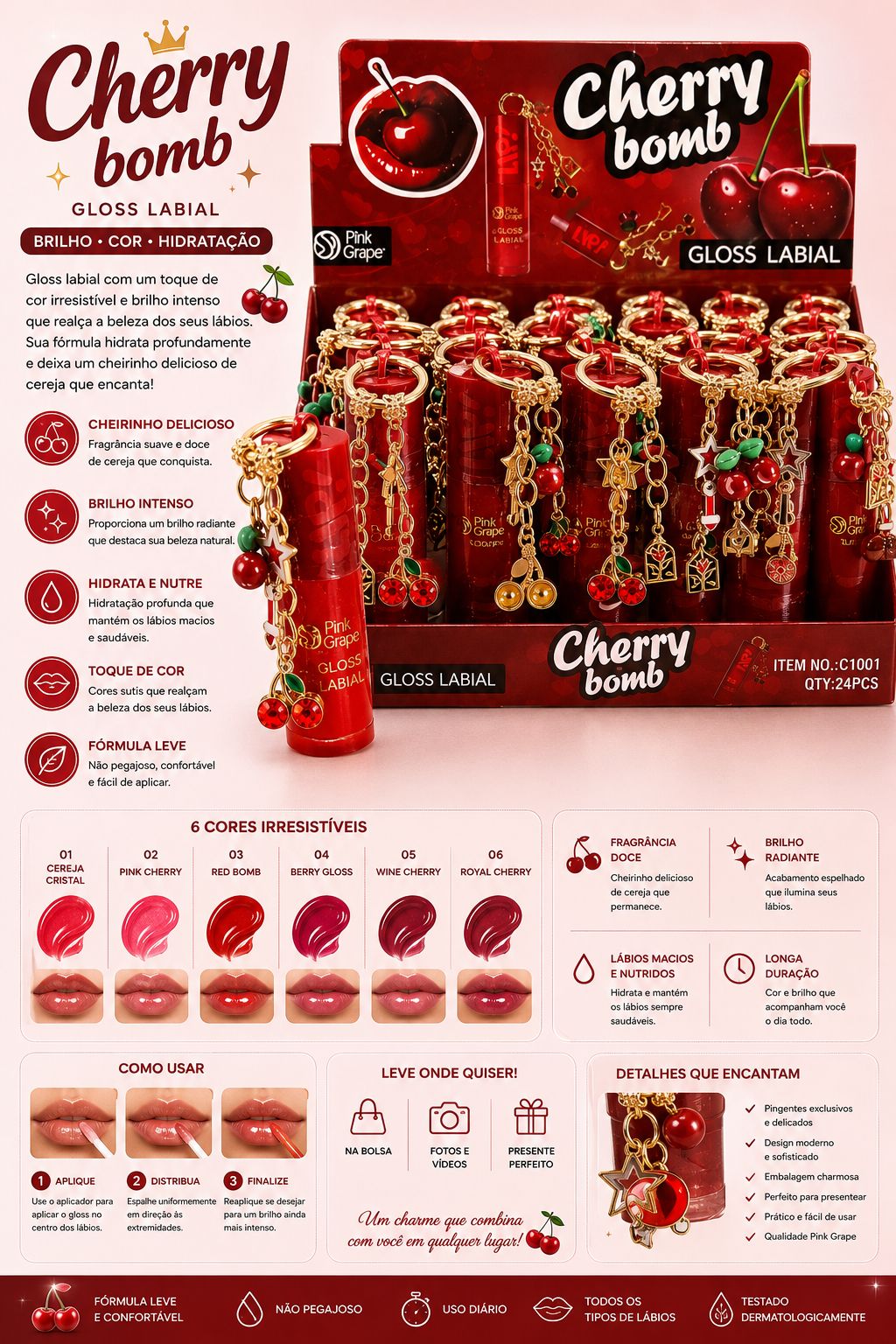 Gloss Labial Cherry Bomb Pink Grape | Brilho Espelhado, Hidratação Intensa, Aroma de Cereja e Chaveiro Exclusivo