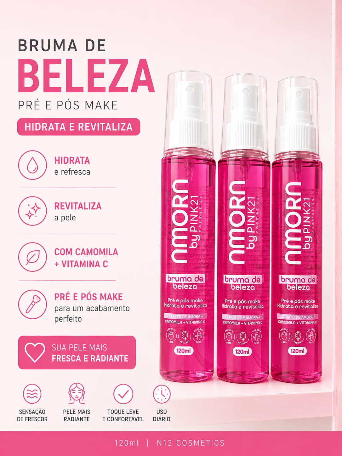 Bruma de Beleza Pink21 Pré e Pós Make | Hidratação, Revitalização, Camomila e Vitamina C