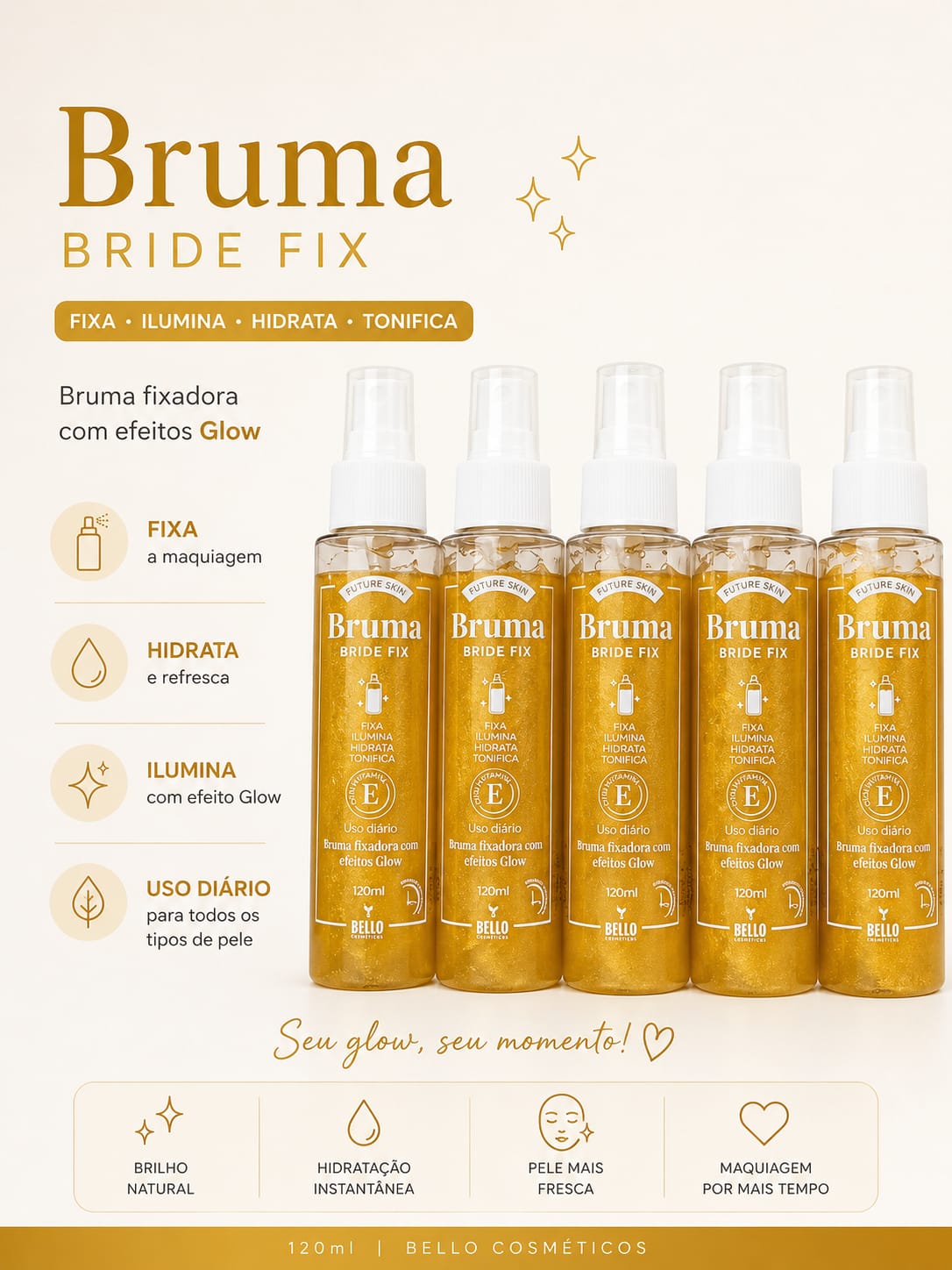Bruma Bride Fix Bello Cosméticos | Fixa a Maquiagem, Efeito Glow, Hidratação e Iluminação