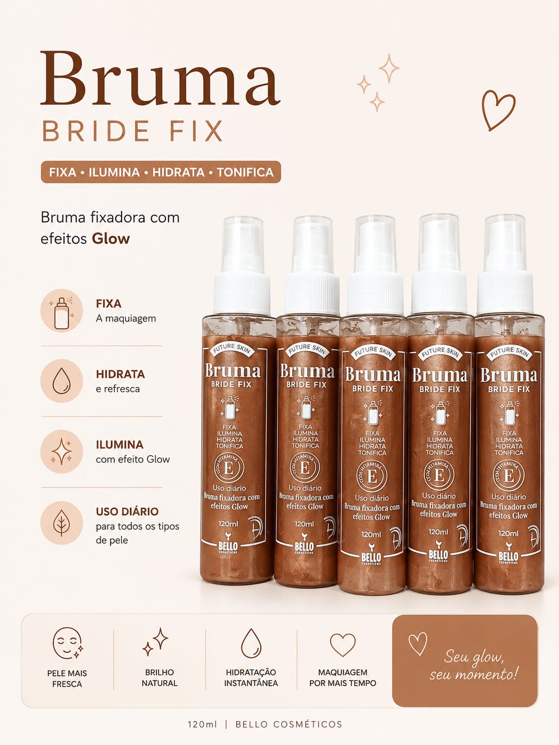 Bruma Bride Fix Bello Cosméticos | Fixador de Maquiagem com Efeito Glow, Hidratação e Vitamina E