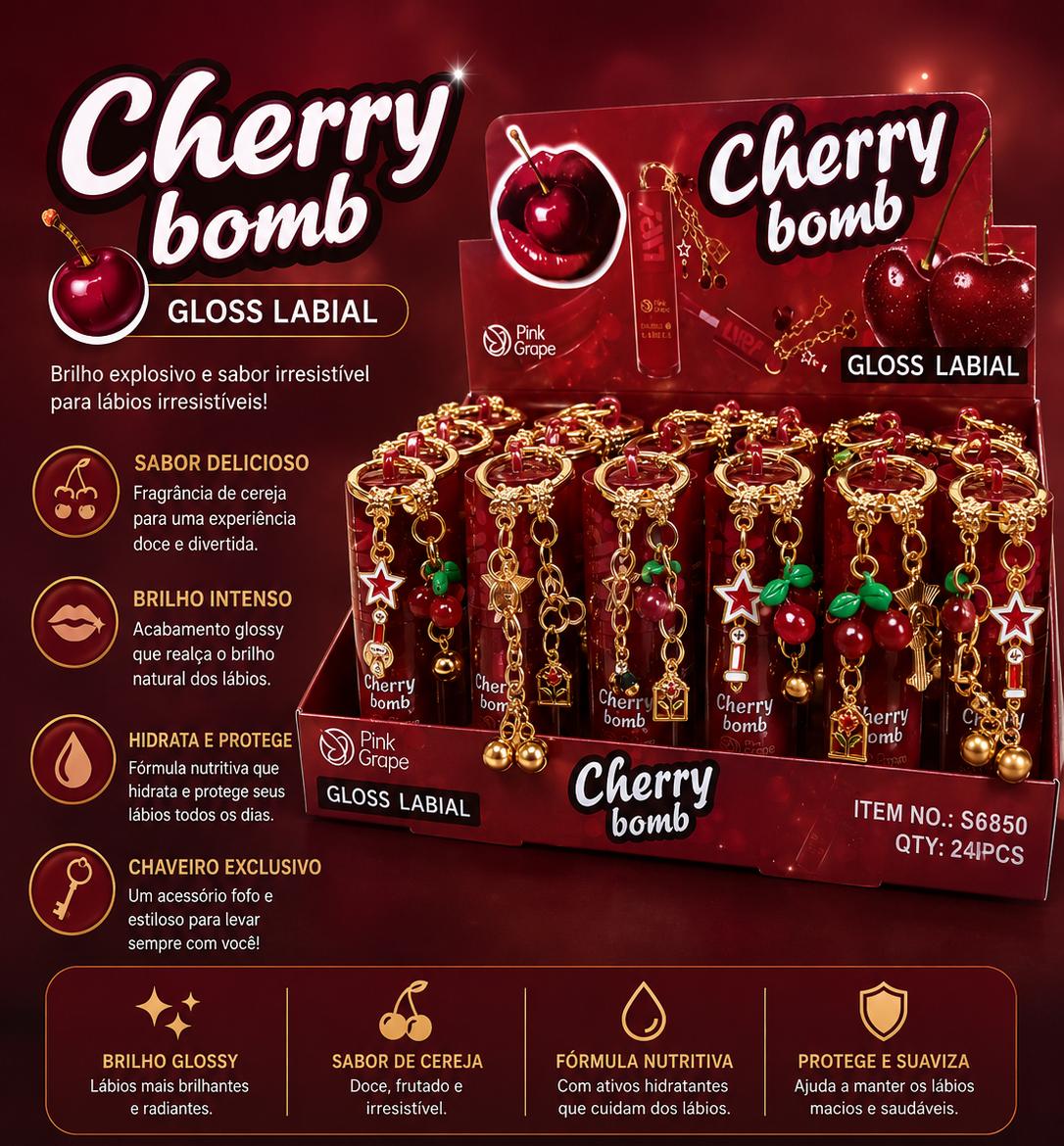 Gloss Labial Cherry Bomb Pink Grape | Brilho Intenso, Aroma de Cereja, Hidratação e Chaveiro Exclusivo
