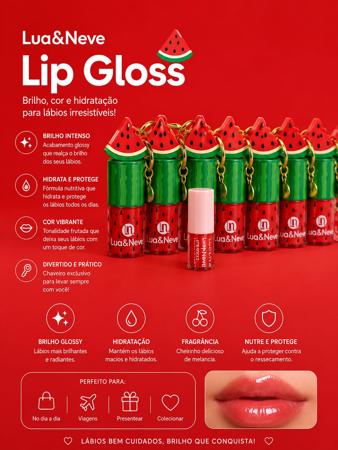 Gloss Labial Melancia Lua&Neve | Brilho Intenso, Hidratação, Aroma Frutado e Chaveiro Exclusivo