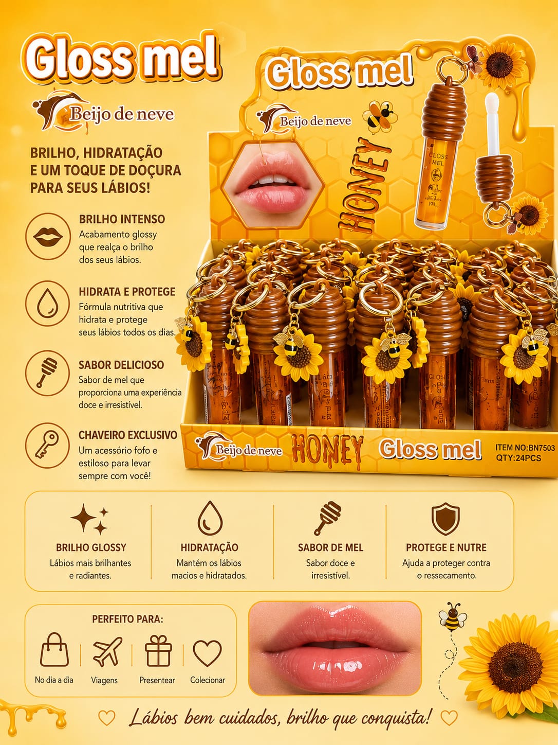 Gloss Labial Mel Beijo de Neve | Brilho Glossy, Hidratação, Sabor de Mel e Chaveiro Girassol