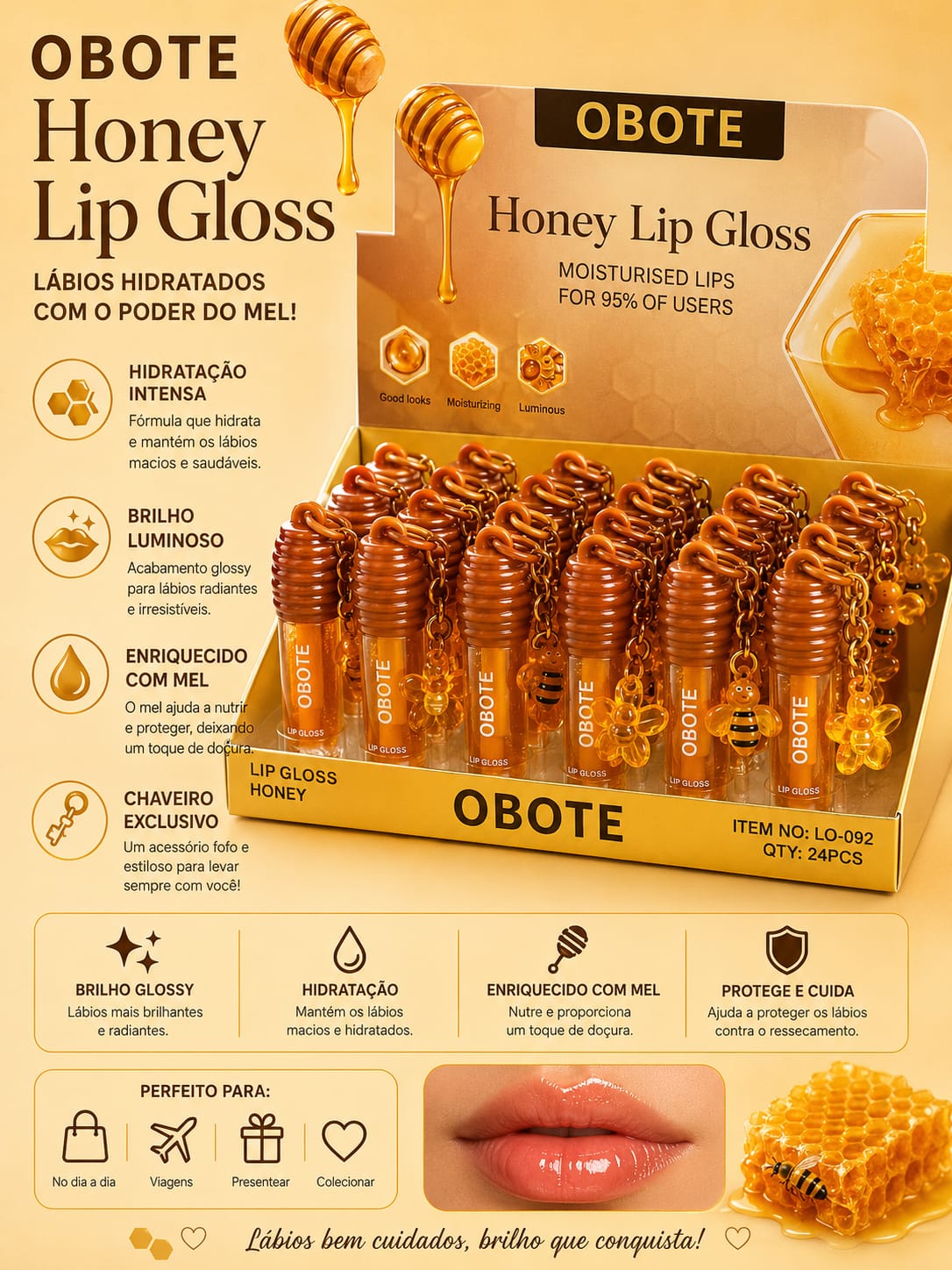 Gloss Labial Honey Obote | Hidratação Intensa, Brilho Glossy, Extrato de Mel e Chaveiro Exclusivo
