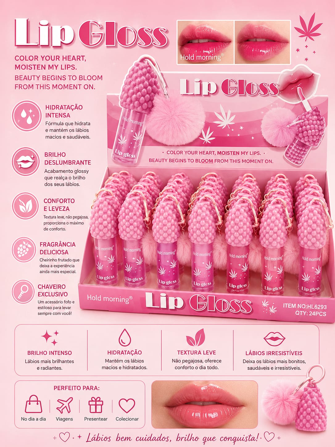 Gloss Labial Hold Morning Uva com Pompom | Brilho Intenso, Hidratação, Aroma Frutado e Chaveiro Exclusivo