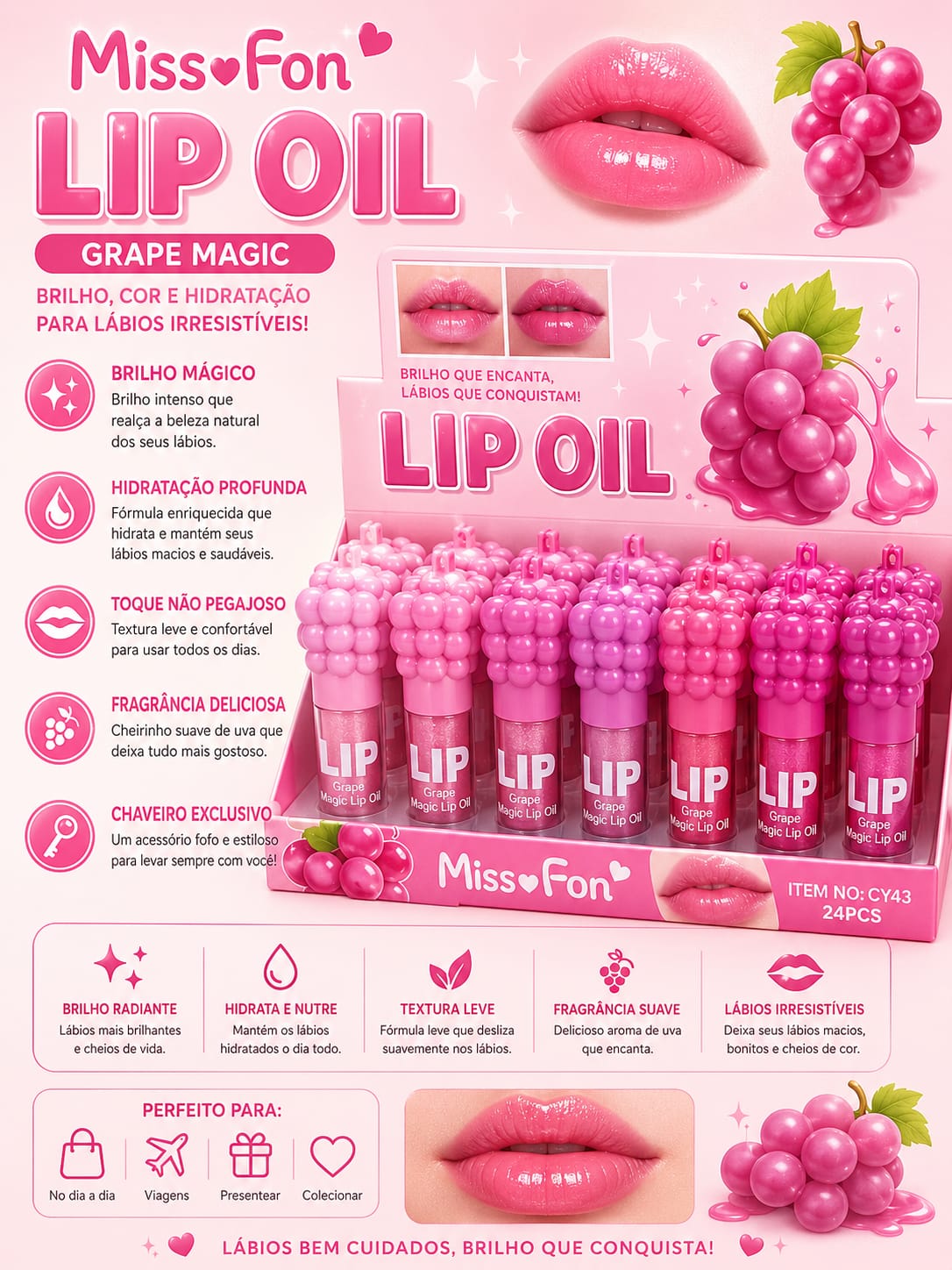 Lip Oil Grape Magic Miss Fon | Hidratação Profunda, Brilho Radiante, Aroma de Uva e Chaveiro Exclusivo