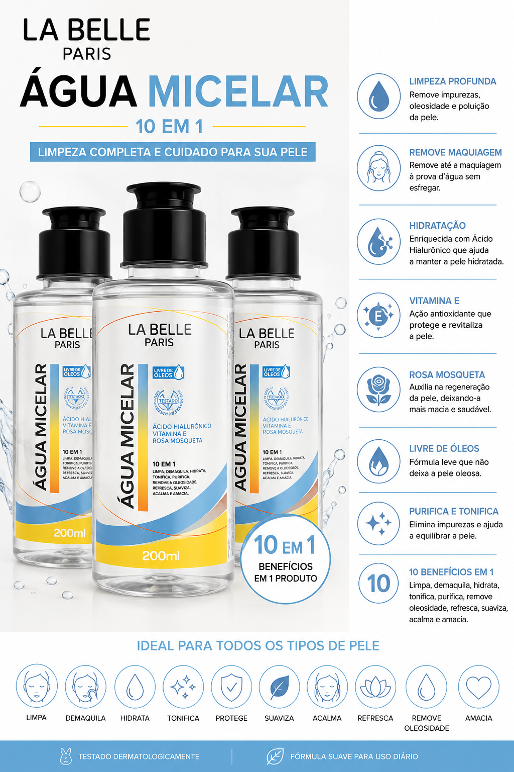 Água Micelar La Belle Paris 200ml 10 em 1 | Limpeza Profunda, Remove Maquiagem, Hidrata e Purifica a Pele