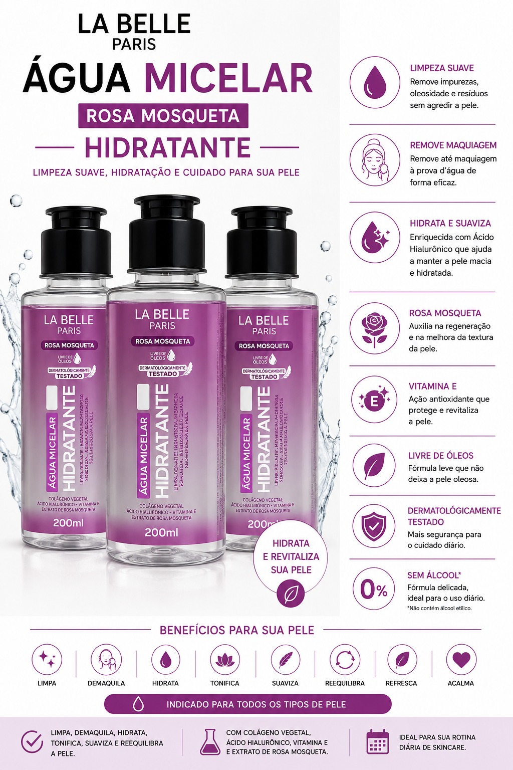 Água Micelar Hidratante La Belle Paris Rosa Mosqueta 200ml | Hidratação Profunda, Ácido Hialurônico, Vitamina E e Limpeza Facial Completa