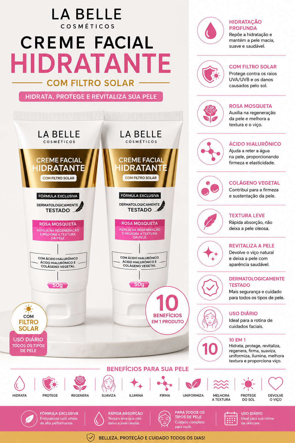 Creme Facial Hidratante La Belle Cosméticos Rosa Mosqueta 50g | Com Filtro Solar, Ácido Hialurônico, Colágeno e Hidratação Intensiva