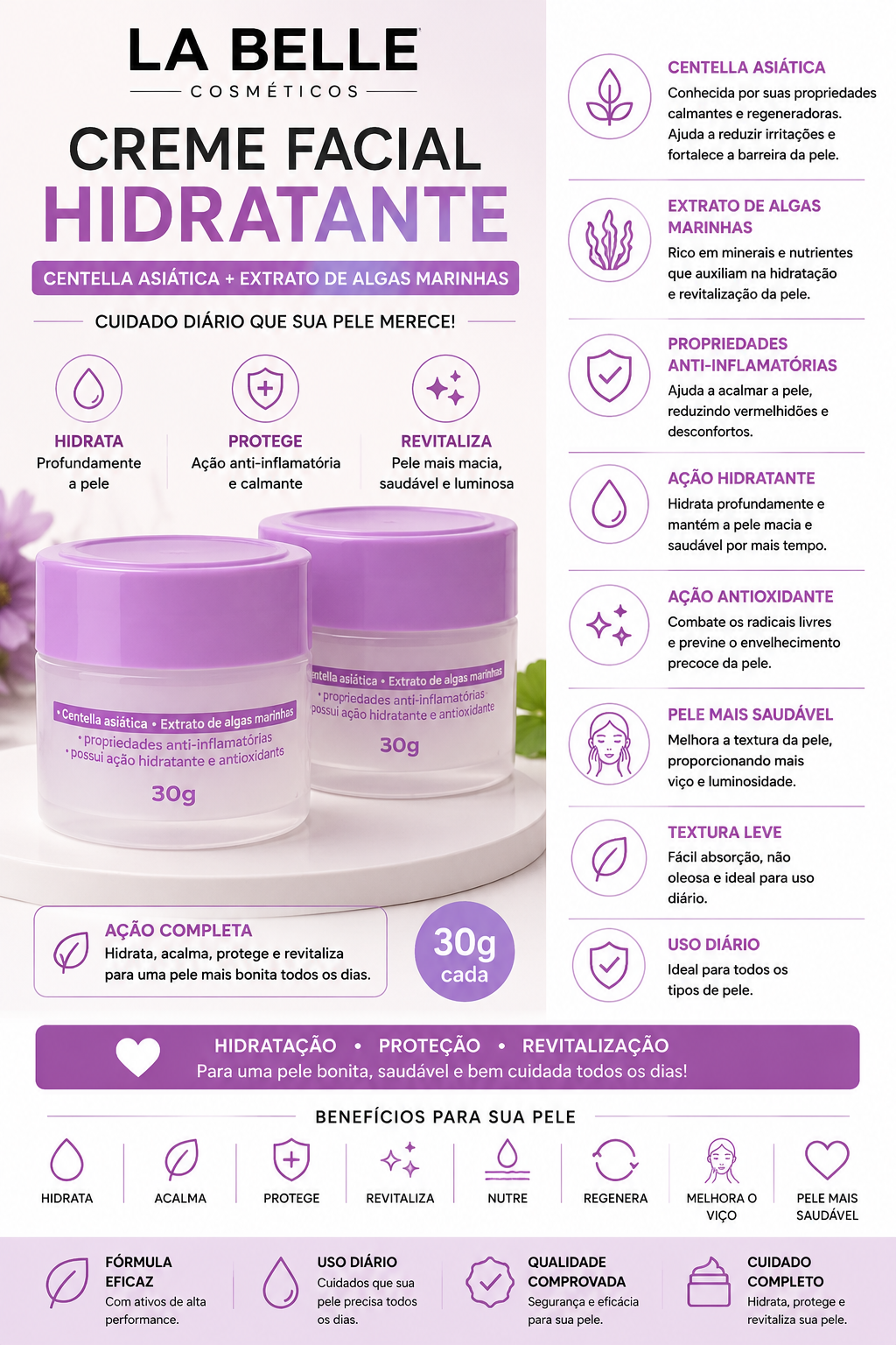 Creme Facial Hidratante La Belle Cosméticos 30g | Centella Asiática, Extrato de Algas Marinhas, Ação Calmante, Hidratante e Antioxidante
