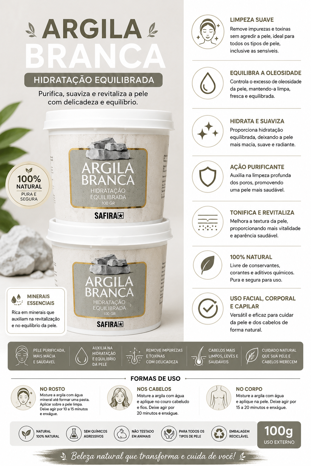 Argila Branca Safira 100g | Hidratação Equilibrada, Clareamento Natural, Controle da Oleosidade e Revitalização da Pele