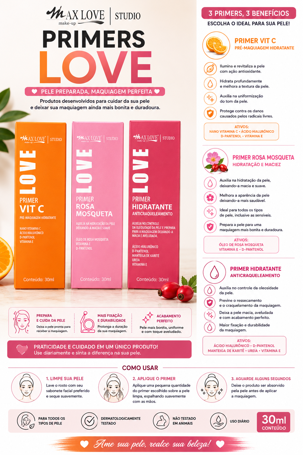 Primer Max Love Studio 30ml | Vitamina C, Rosa Mosqueta e Hidratante Anticraquelamento | Pele Perfeita e Maquiagem Duradoura