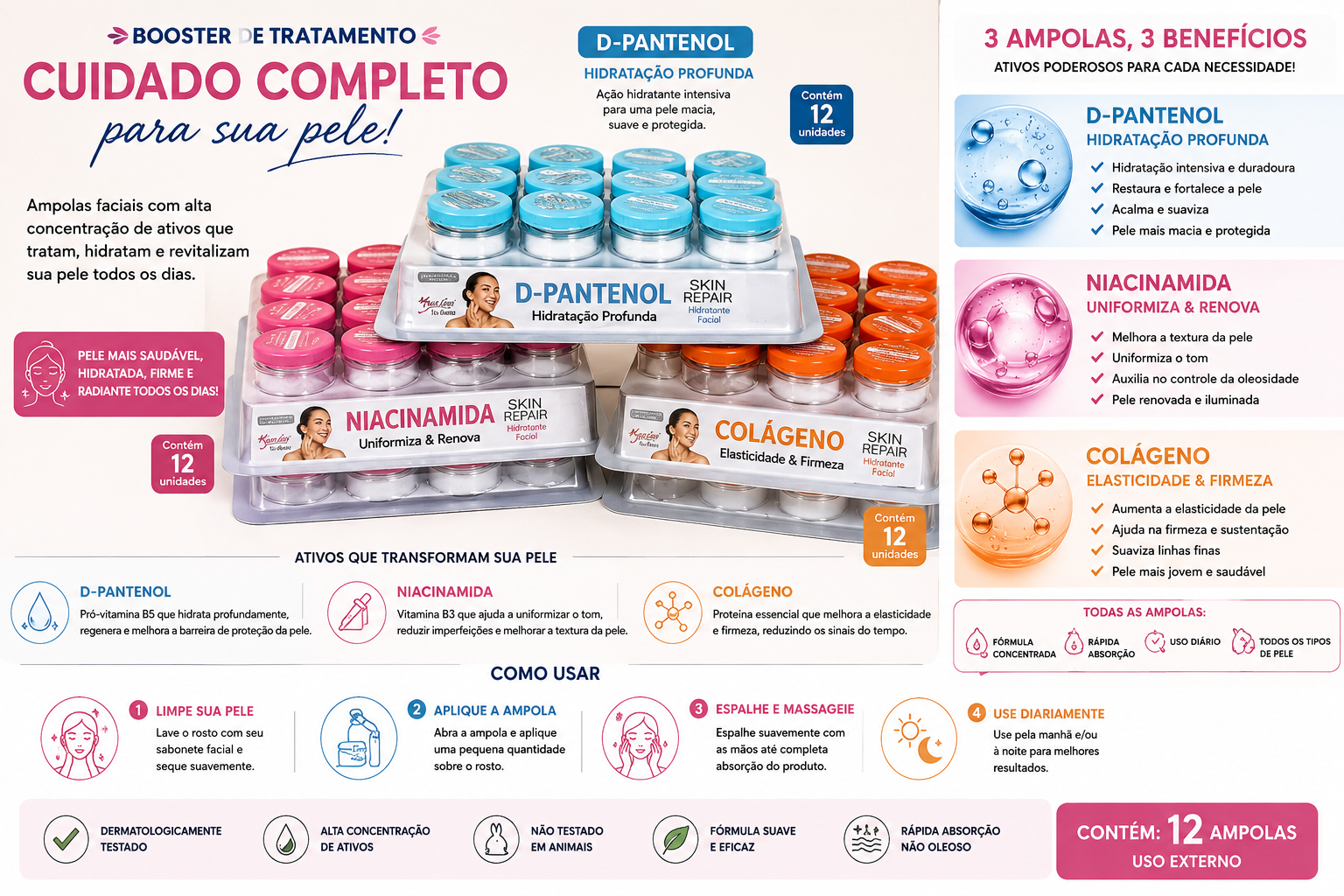 Ampola Facial Kyràv Skin Repair | D-Pantenol, Niacinamida e Colágeno | Hidratação, Renovação, Firmeza e Cuidado Diário da Pele