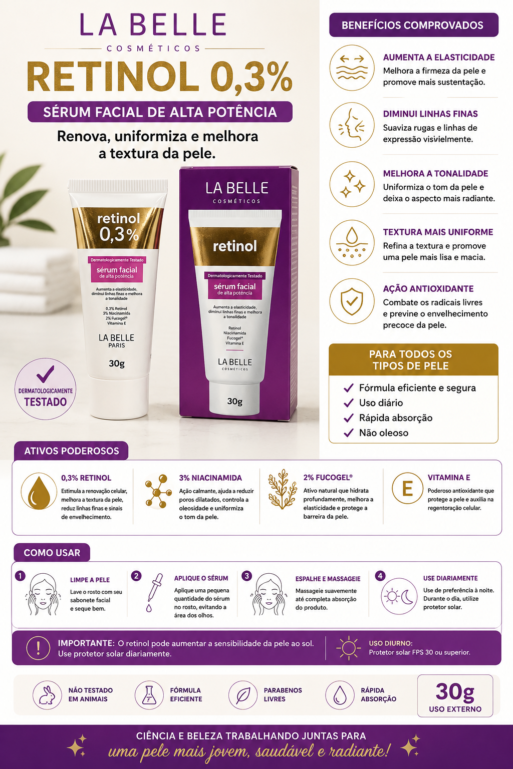 Sérum Facial Retinol 0,3% La Belle Cosméticos 30g | Anti-Idade, Uniformiza o Tom, Reduz Linhas Finas e Melhora a Elasticidade