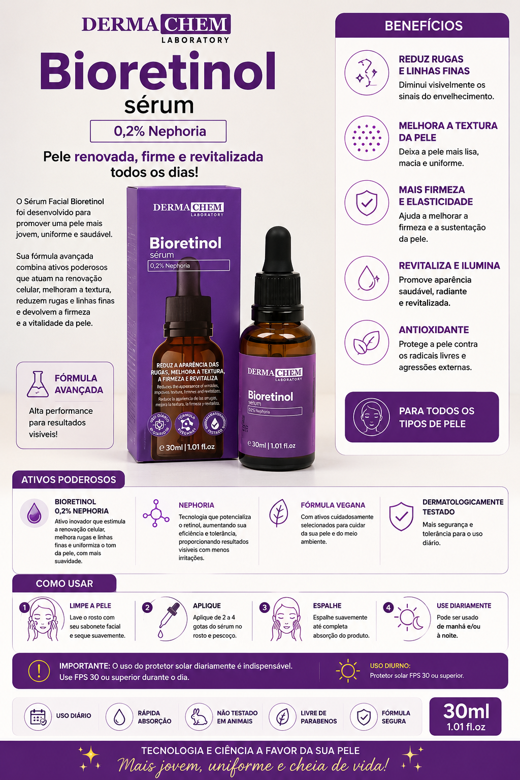 Sérum Facial Bioretinol Dermachem Laboratory 30ml | Anti-Idade, Reduz Rugas, Melhora a Firmeza e Revitaliza a Pele