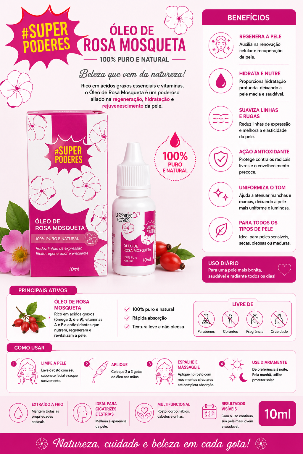Óleo de Rosa Mosqueta Super Poderes 10ml | 100% Puro e Natural, Regenerador, Anti-Idade e Hidratante Facial