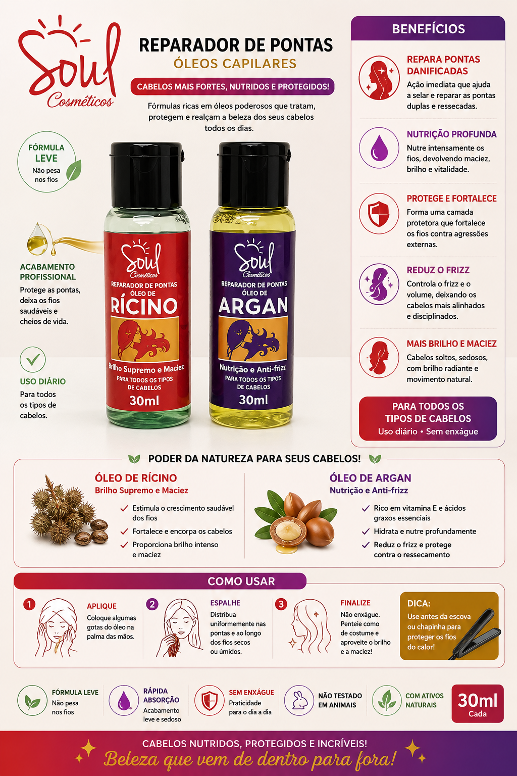 Reparador de Pontas Soul Cosméticos 30ml | Óleo de Argan e Óleo de Rícino | Nutrição Profunda, Anti-Frizz e Brilho Intenso