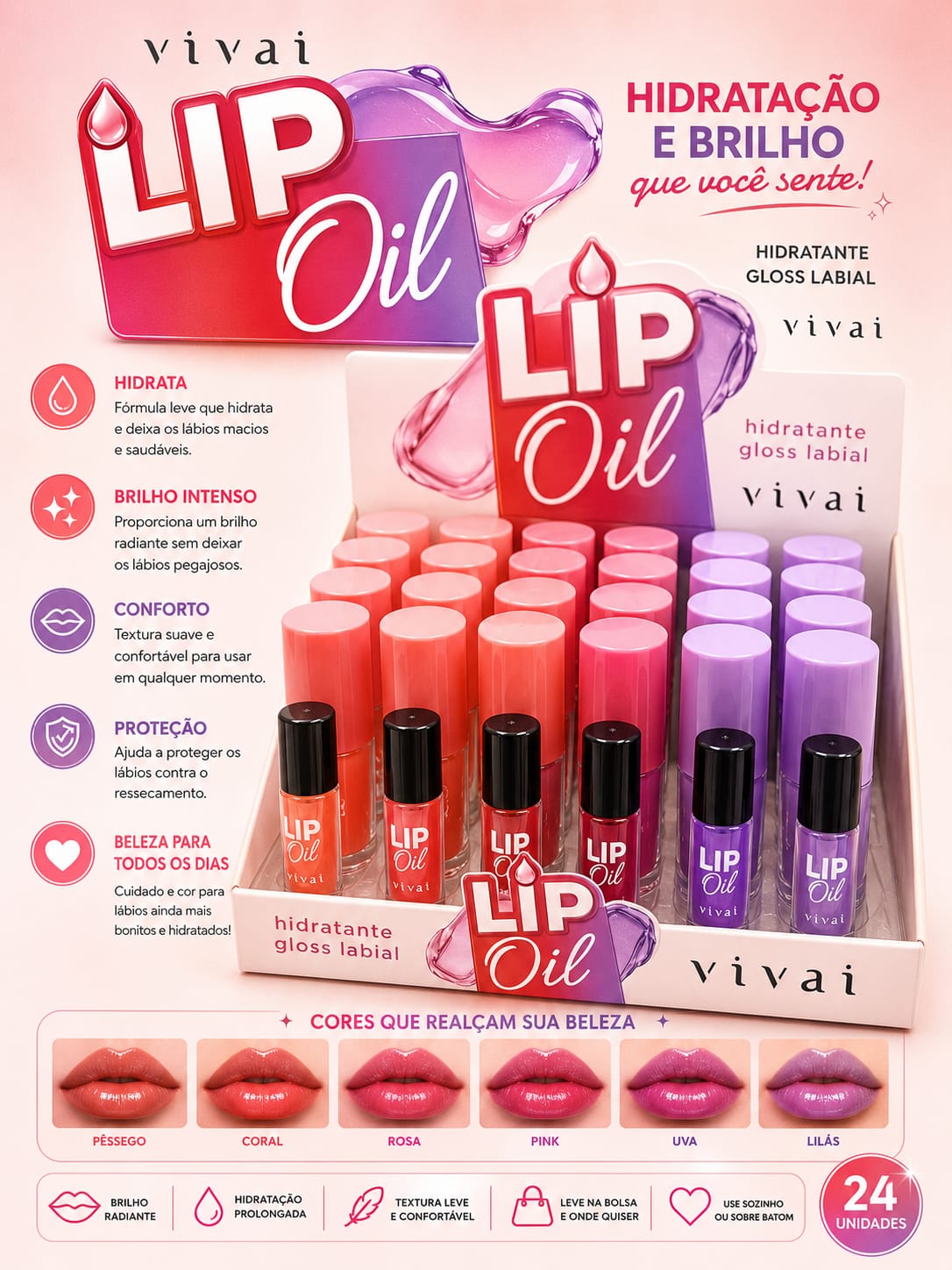 Lip Oil Vivai | Hidratação Intensa, Brilho Radiante, Proteção Labial e Toque de Cor