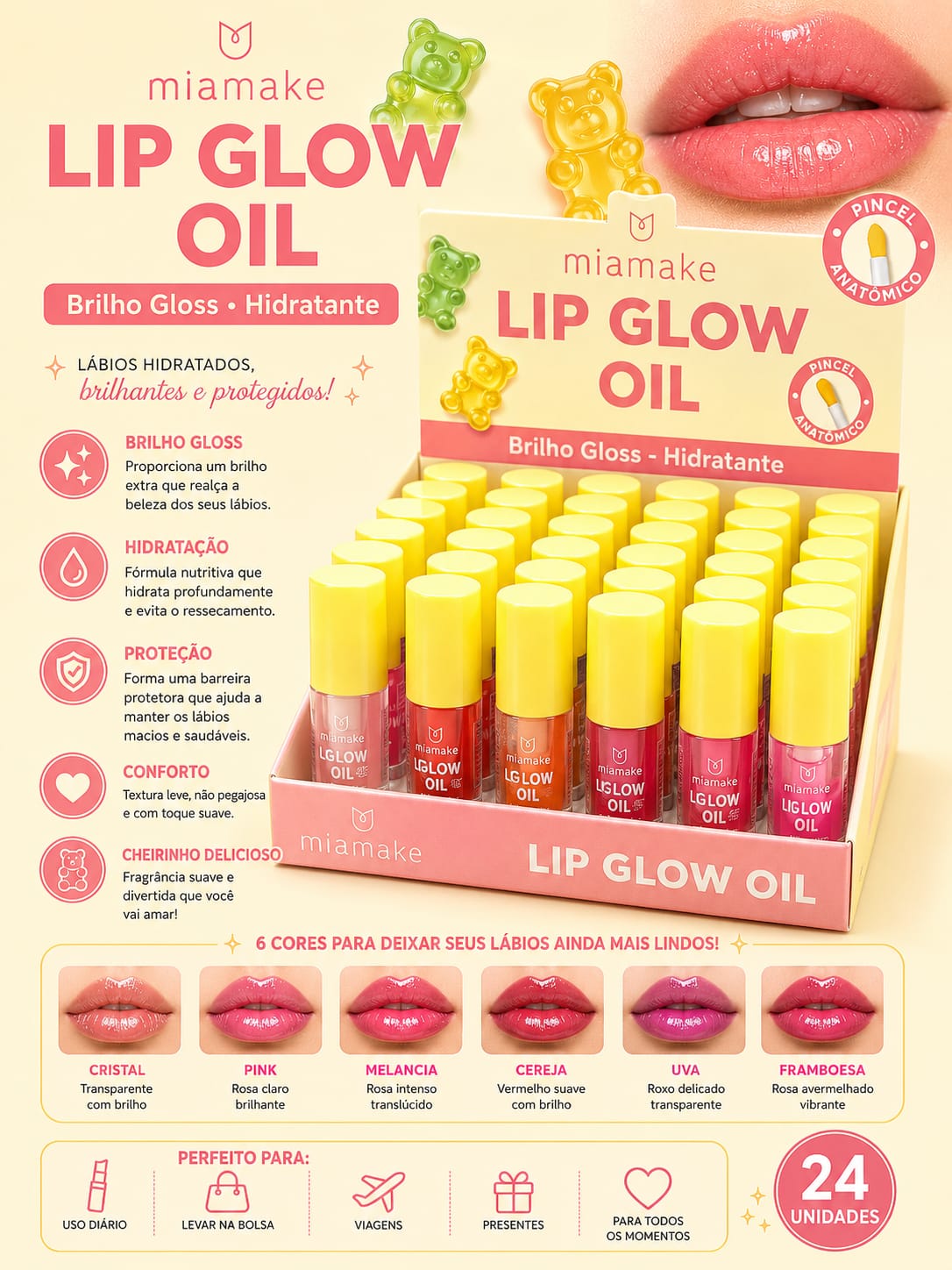 Lip Glow Oil Miamake | Brilho Gloss, Hidratação Profunda, Proteção Labial e 6 Cores Radiantes