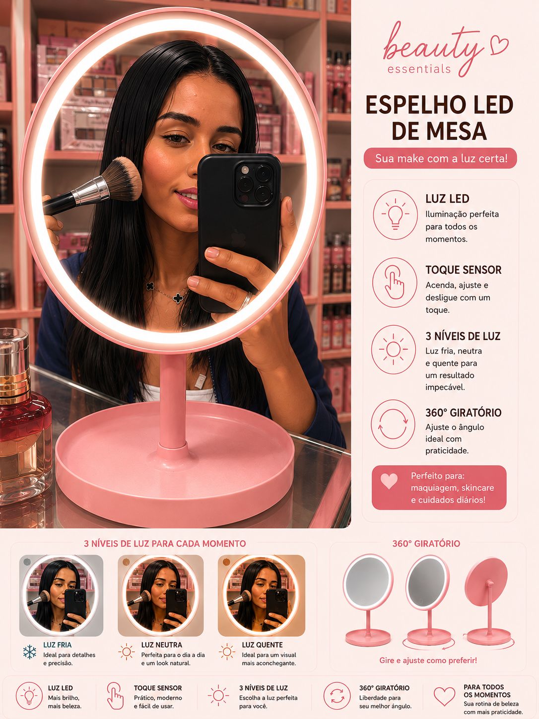 Espelho LED de Mesa Beauty Essentials | 3 Níveis de Luz, Toque Sensor, Rotação 360° e Iluminação Profissional