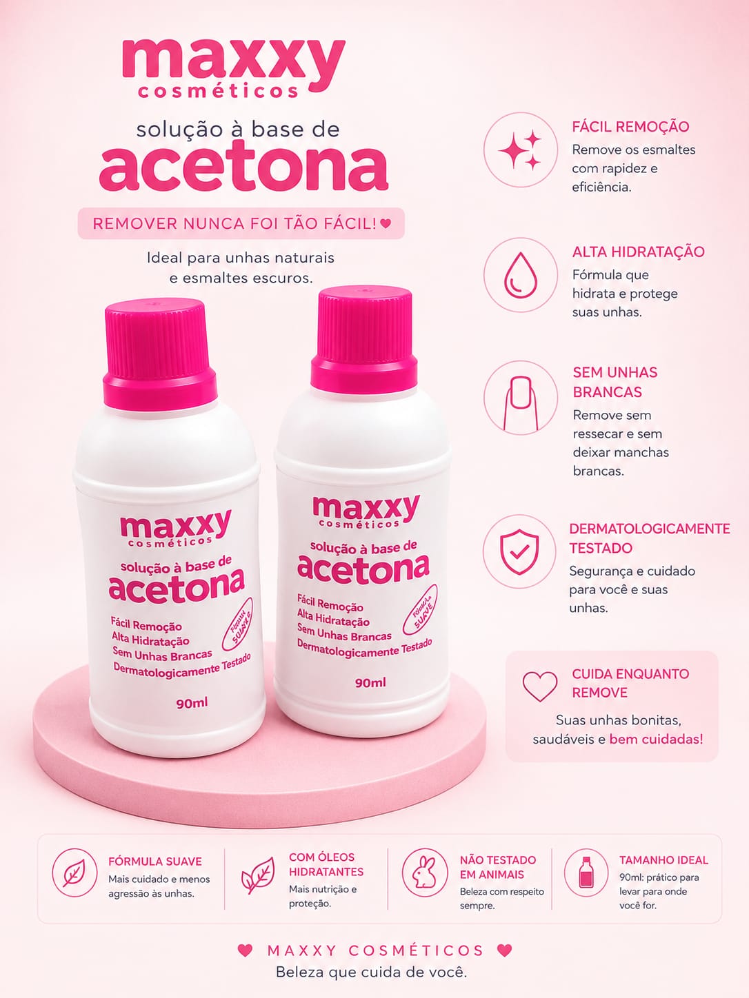 Acetona Maxxy Cosméticos 90ml | Remoção Rápida de Esmaltes, Fórmula Hidratante e Cuidado para as Unhas