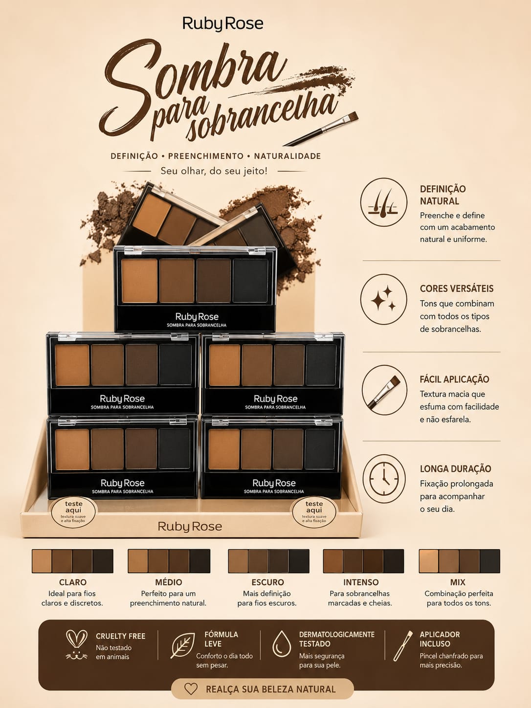 Paleta de Sombras para Sobrancelhas Ruby Rose | Definição Natural, Preenchimento Uniforme, Longa Duração e Aplicador Incluso