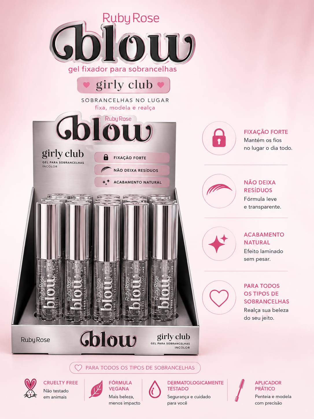 Gel Fixador para Sobrancelhas Ruby Rose Glow Girly Club | Fixação Forte, Acabamento Natural e Sem Resíduos
