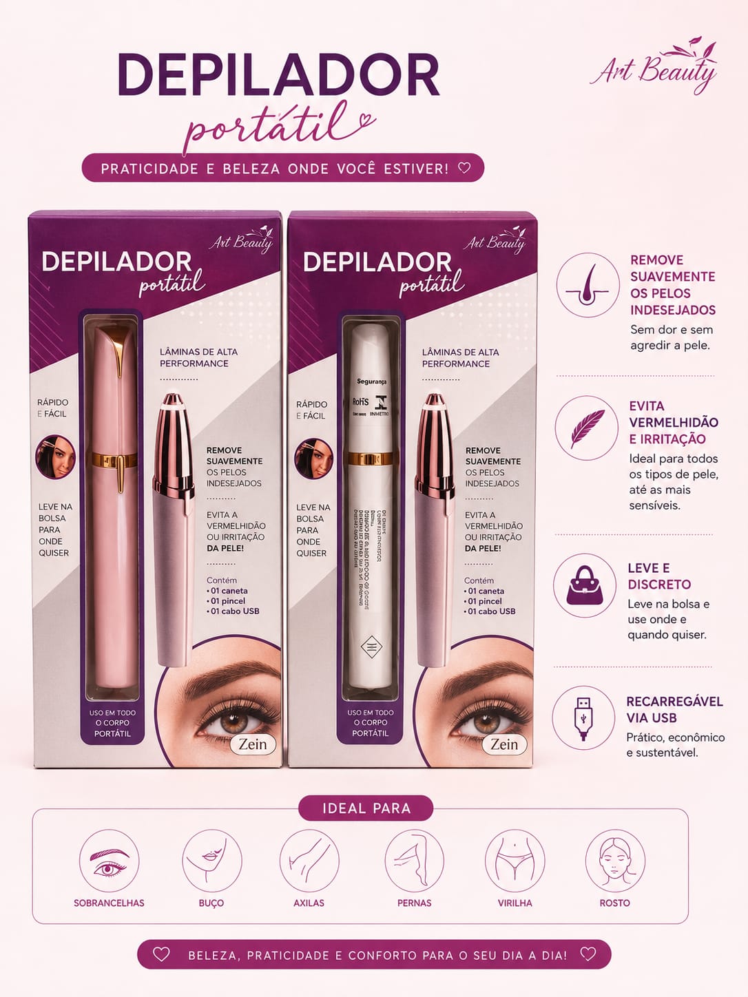 Depilador Portátil Art Beauty Recarregável USB | Removedor de Pelos Facial e Corporal