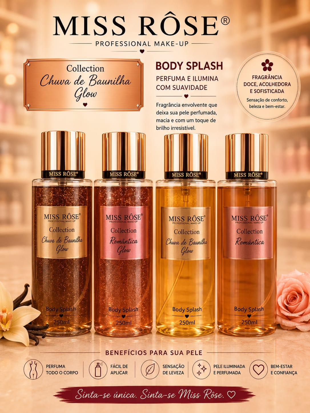 Body Splash Miss Rôse Collection 250ml | Perfuma, Refresca e Ilumina a Pele