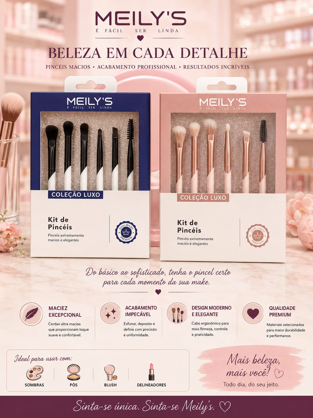 Kit de Pincéis Meily's Coleção Luxo | 6 Pincéis para Maquiagem com Cerdas Macias