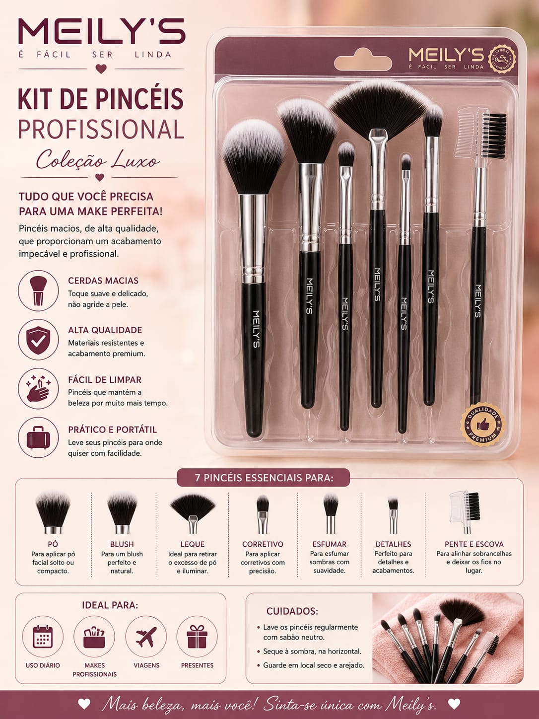 Kit de Pincéis Profissional Meily's Coleção Luxo com 7 Peças para Maquiagem