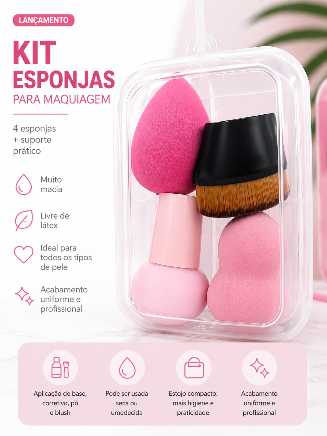 Kit de Esponjas para Maquiagem com Suporte e Estojo Organizador